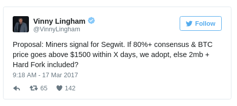 Предложение: Майнеры голосуют за СегВит. Если консенсусного с порогом 80% будет достигнут и в течение X дней цена BTC достигнет $1500, СегВит принимается. В противном случае - хард-форк с 2-мегабайтными блоками.