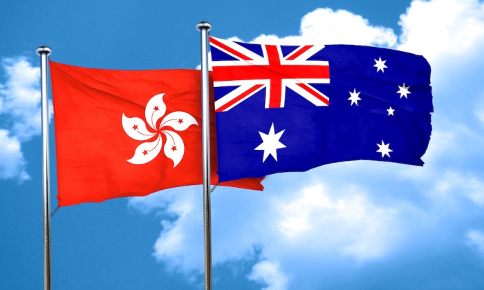 hong kong flag with Australia flag, 3D rendering